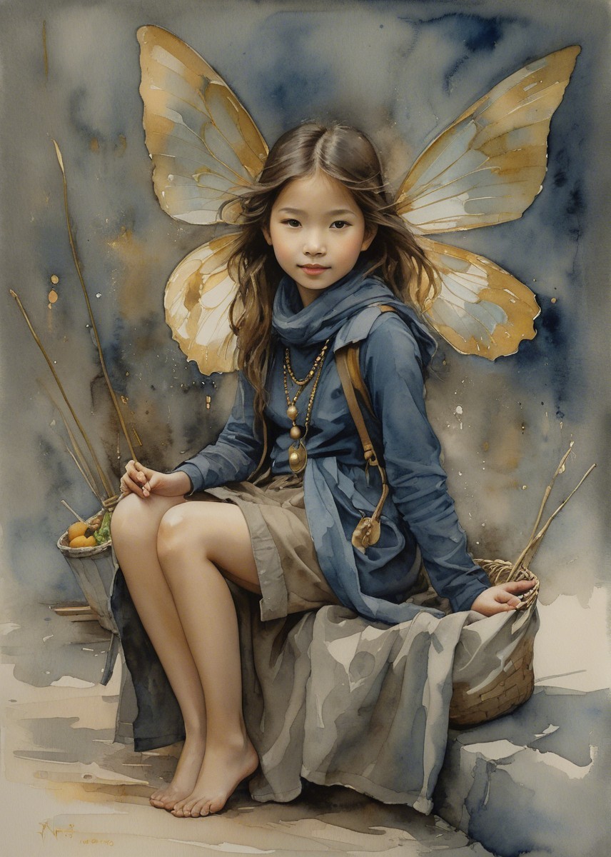 Young girl with butterfly wings on stone ledge