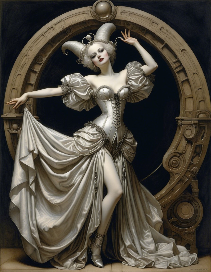 Elegant figure in silver gown with whimsical headpieces