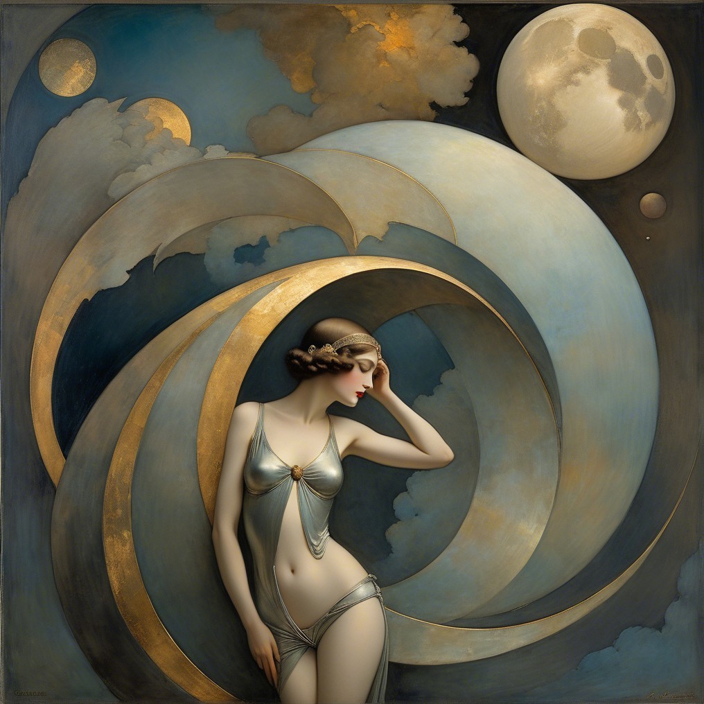 Graceful Woman in Silver Amid Celestial Elements