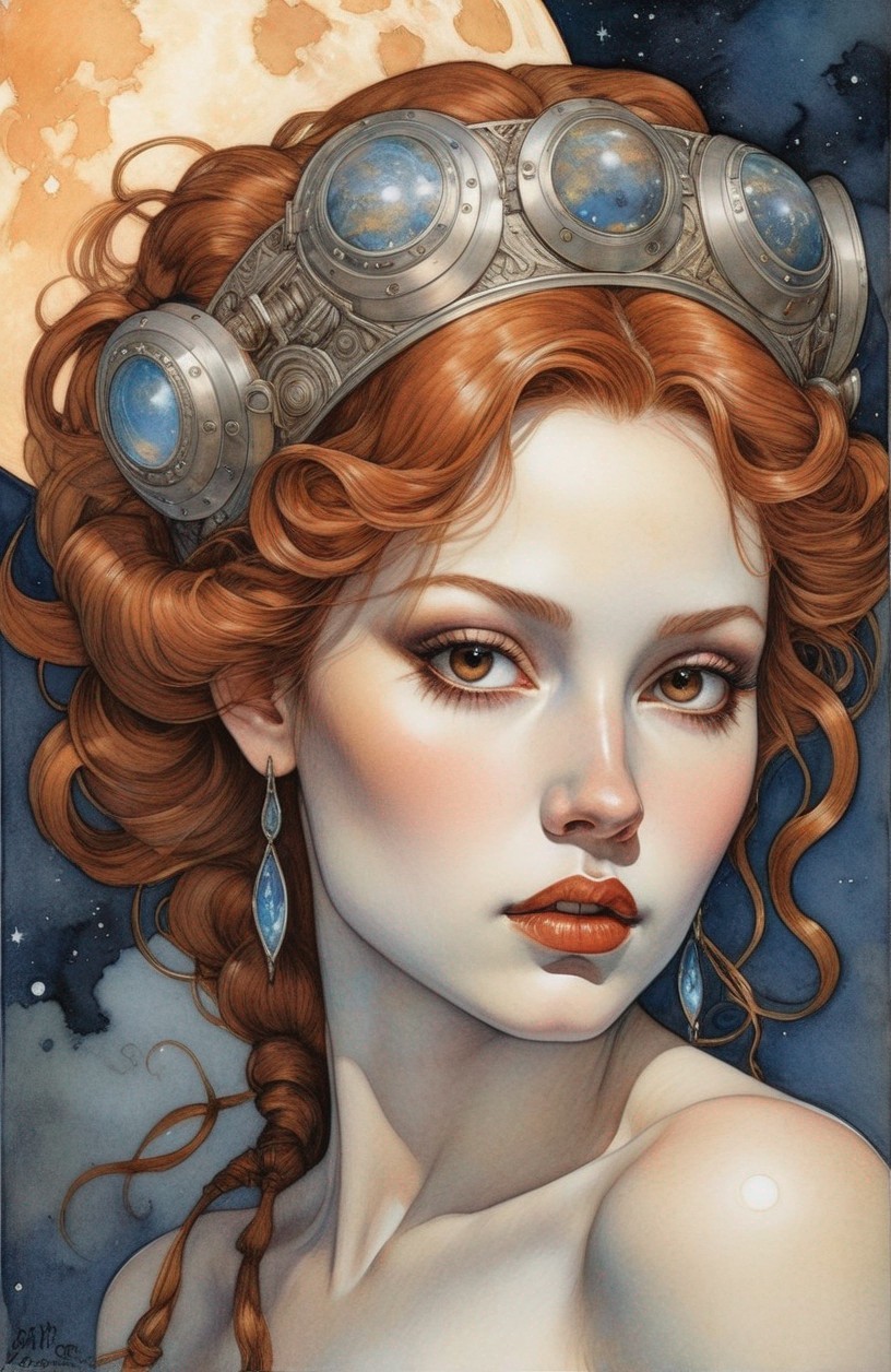 Illustrated Portrait of a Woman with Copper Hair and Goggles