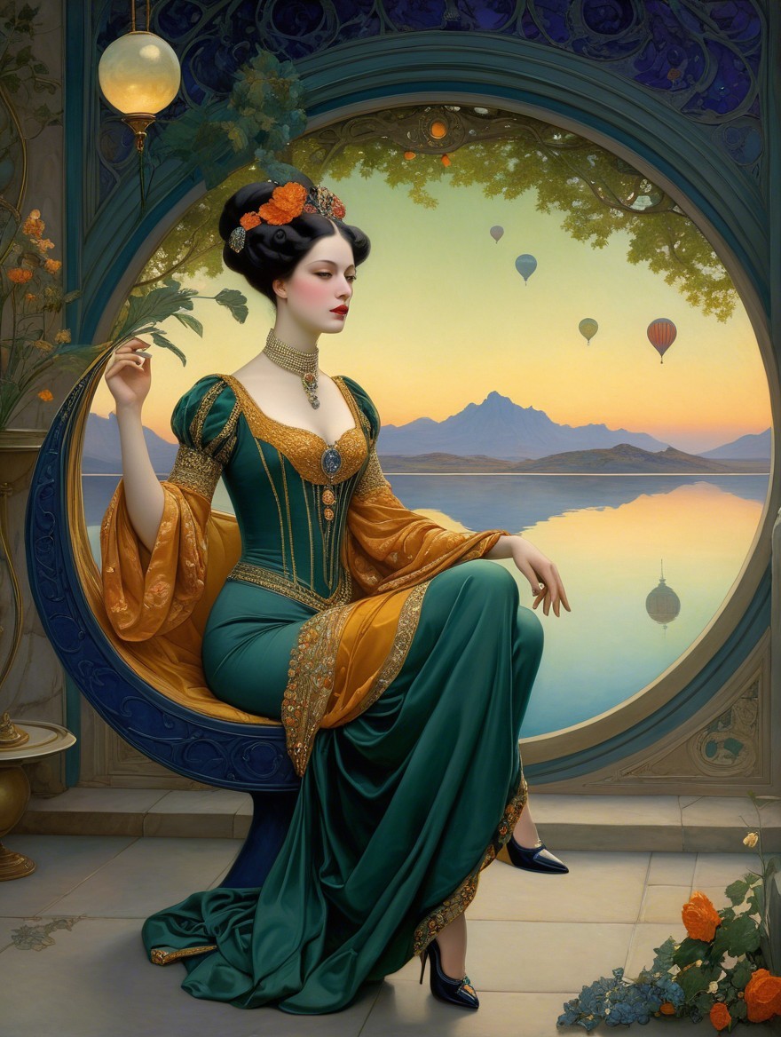 Woman in Green and Gold Gown by Circular Window