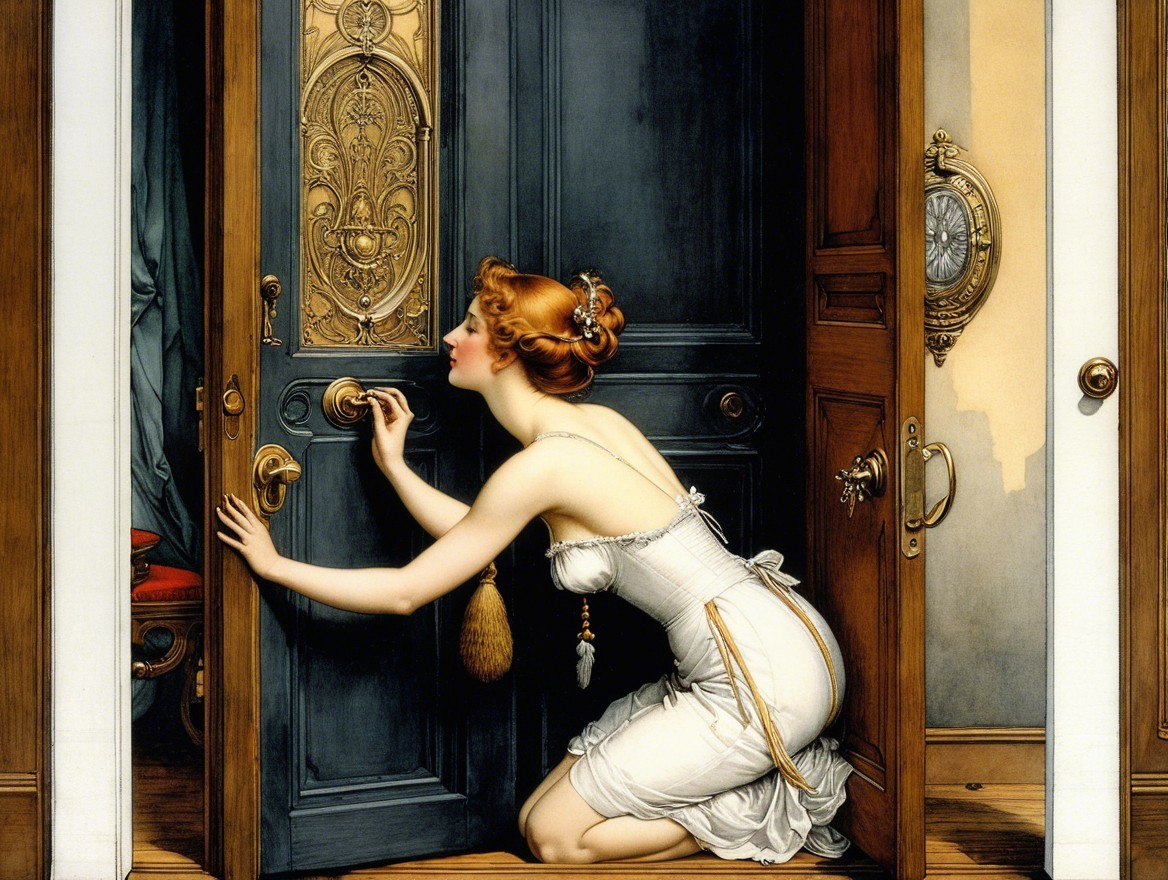 Vintage Woman Crouching by Ornate Door with Keyhole
