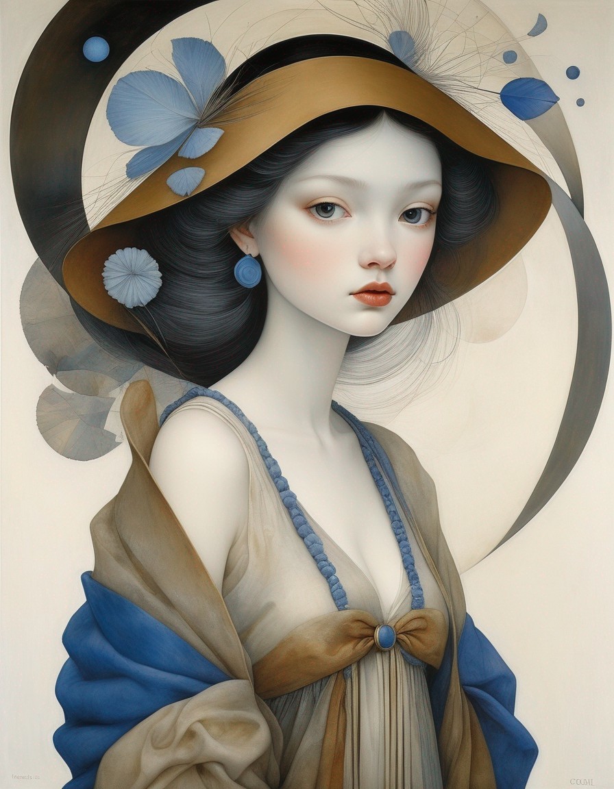 Stylized painting of young woman in wide-brimmed hat with blue flowers