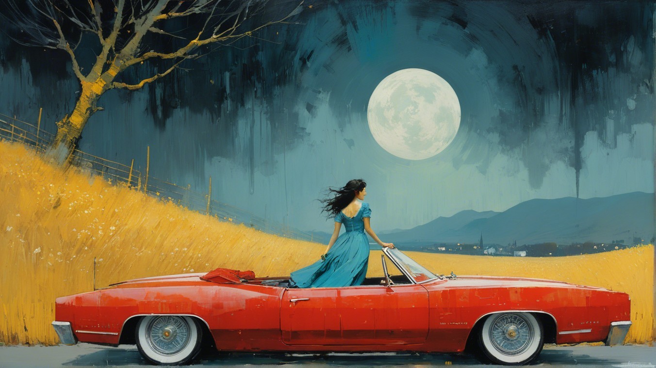 Woman in Blue Dress by Vintage Convertible at Night