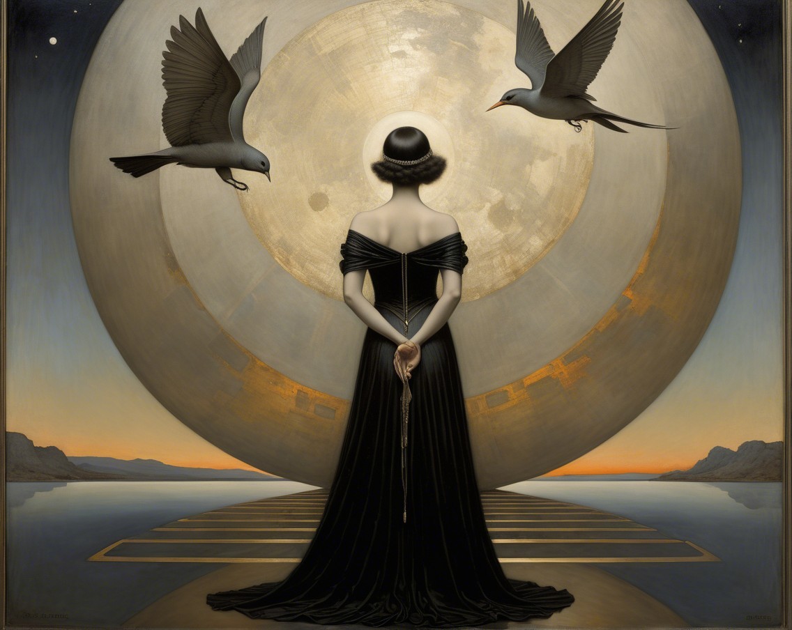 Woman in Black Gown Against Golden Circular Backdrop