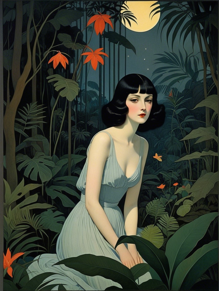 Woman in Blue Dress Surrounded by Jungle Flora