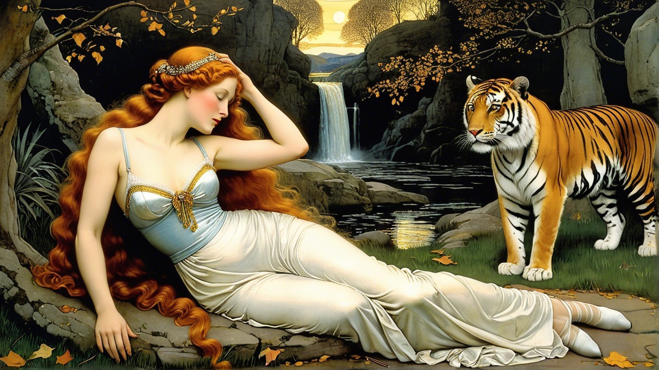 Woman in White Gown by Waterfall with Tiger