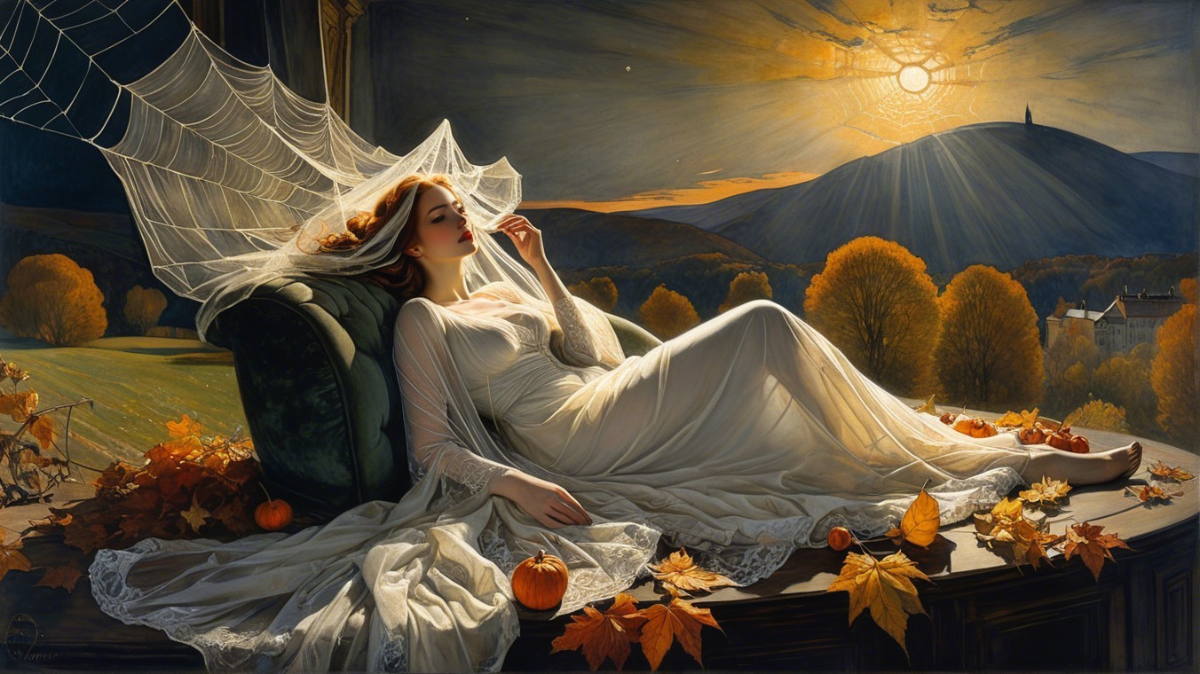 Serene Autumn Landscape with Woman in White Gown