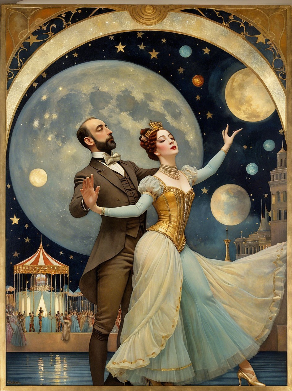 Art Deco Painting of a Couple Dancing Under Moonlight