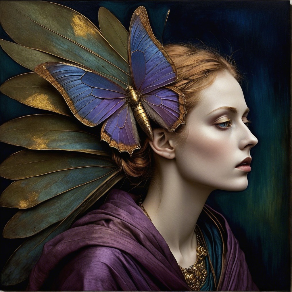 Serene Portrait of Woman with Butterfly and Rich Fabrics