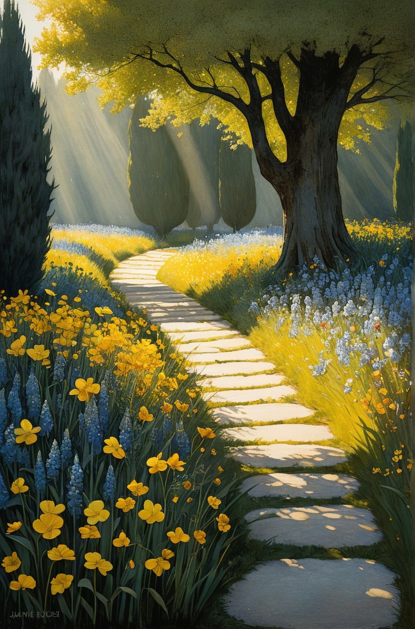 Tranquil Garden Path with Blooming Flowers and Trees