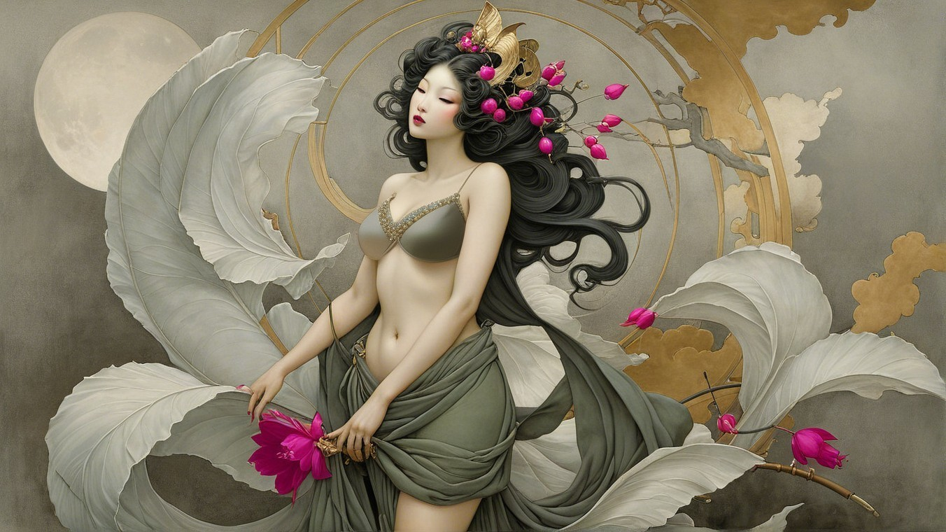 Woman with Flowing Hair and Lotus Flowers Against Moon