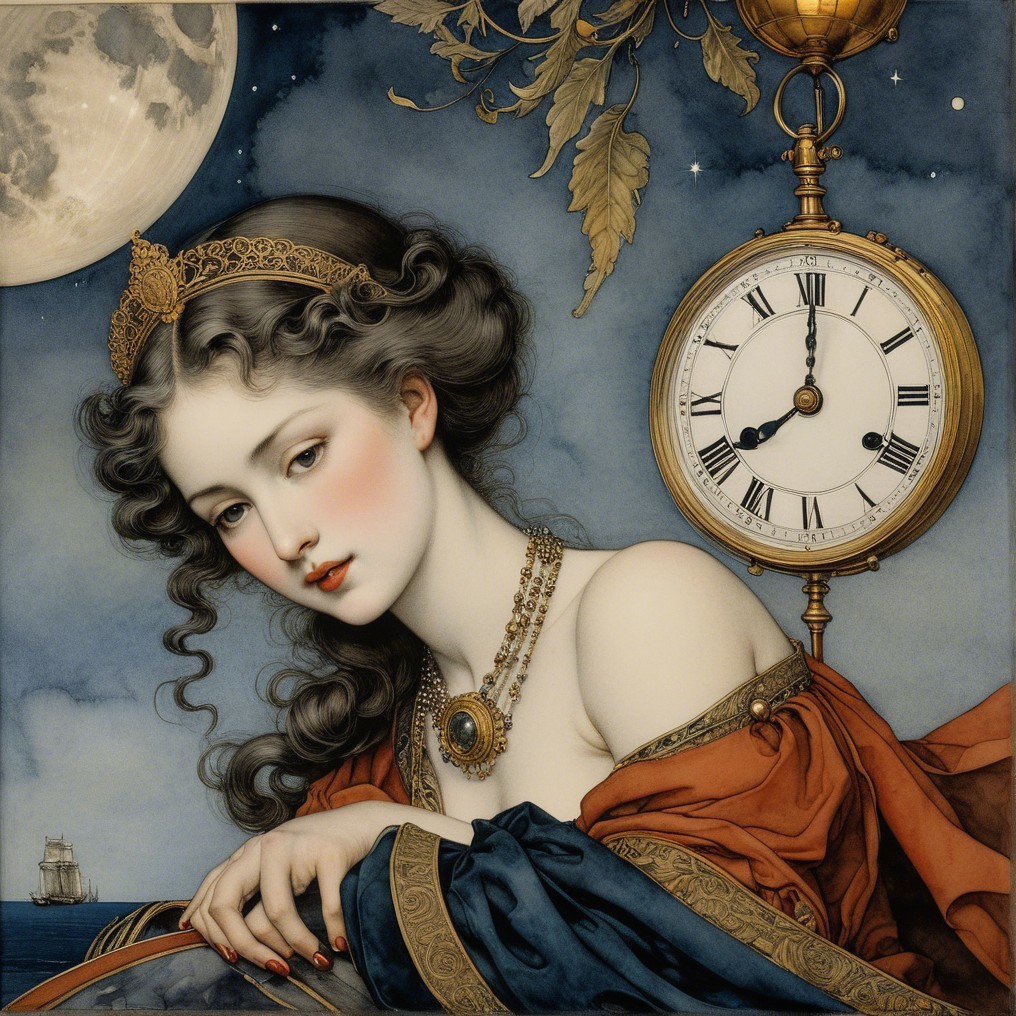 Serene woman with crown and vintage clock at night