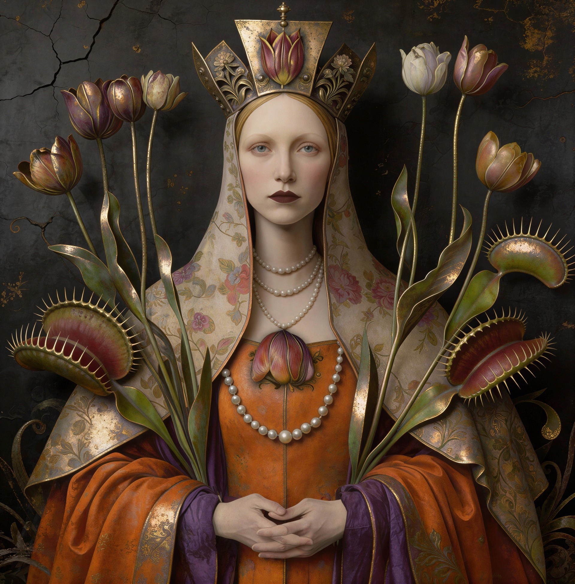 Portrait of a Youthful Queen with Floral Elements