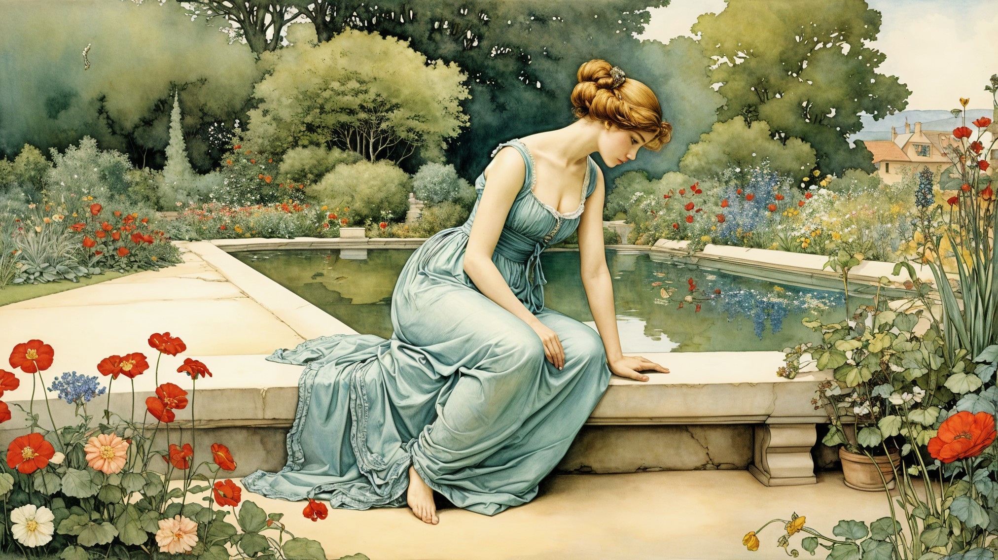 Young woman in blue dress by tranquil stone pond
