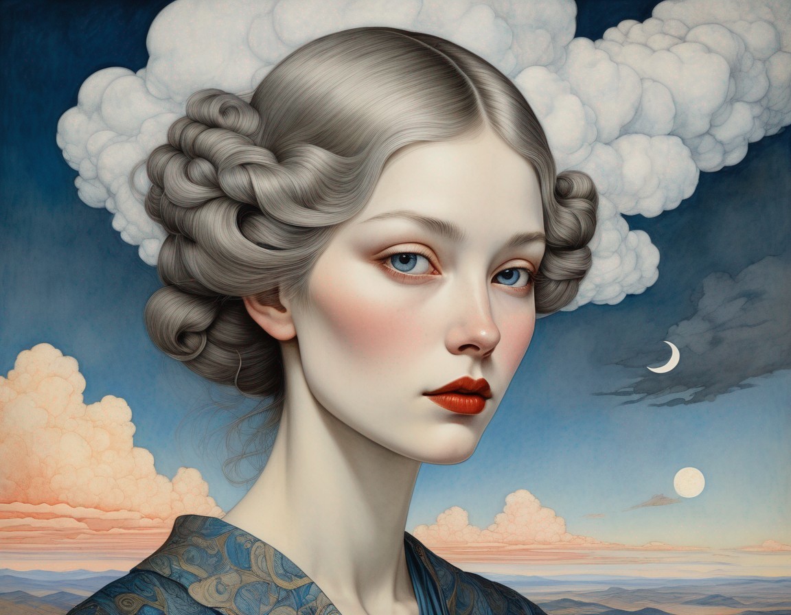 Young Woman with Silver Hair in Surreal Landscape