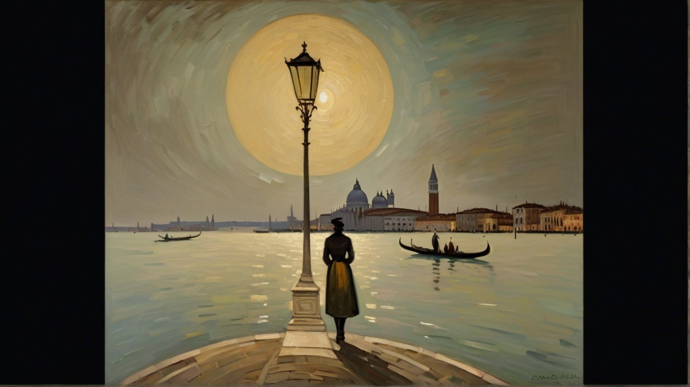 Silhouette by Water with Vintage Lamp at Sunset