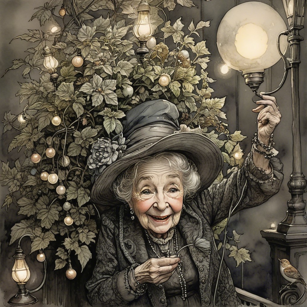 Elderly Woman with Lamp in Cozy Garden Setting