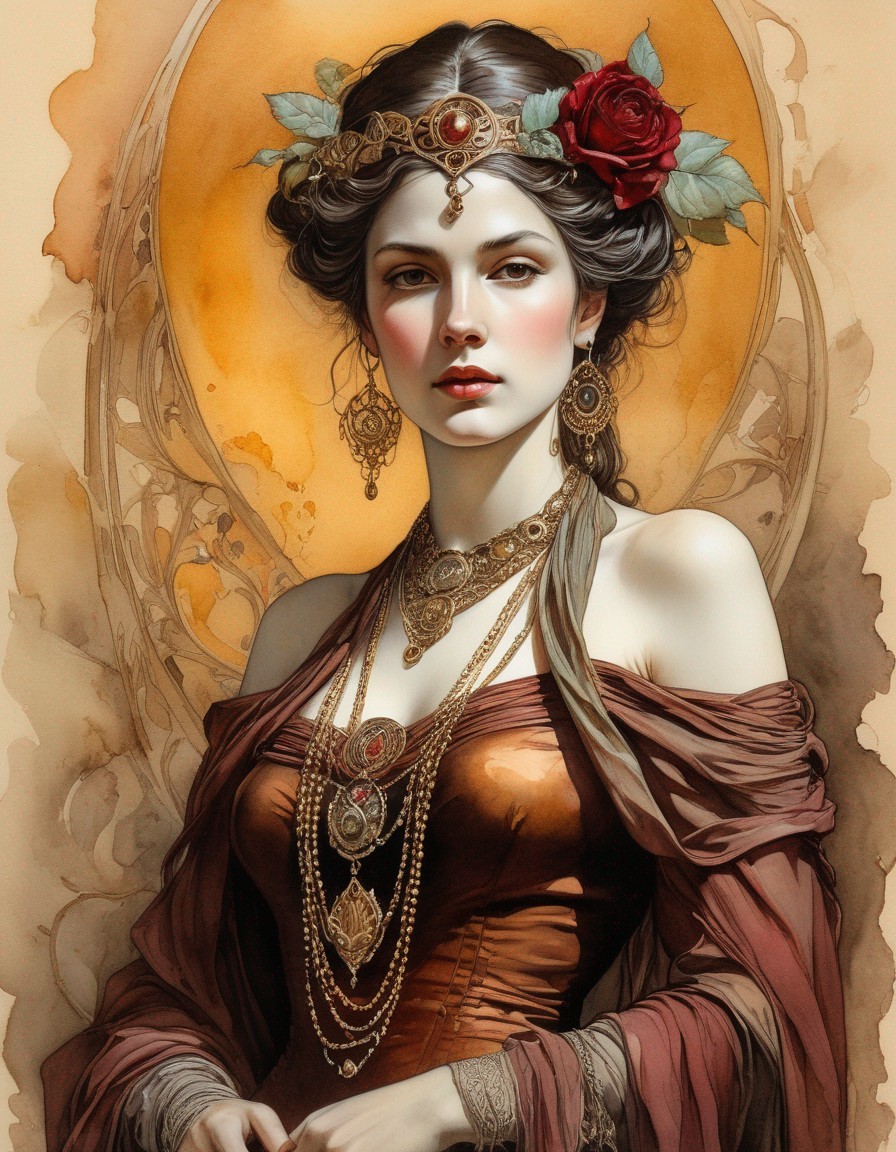 Illustrated woman with jeweled headpiece and red rose in hair on warm-toned backdrop