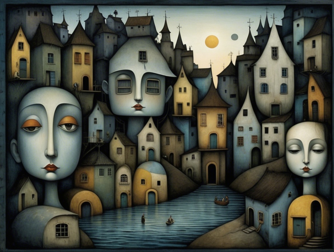 Surreal Landscape with Unique Houses and Serene Faces