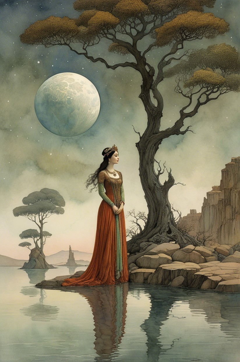 Mystical Landscape with Woman by Tranquil Lake