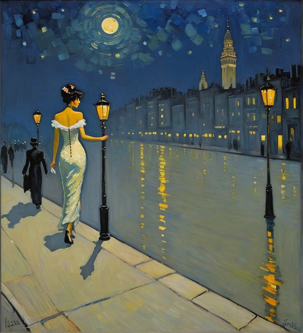 Romantic Night Scene by Moonlit Riverbank and Skyline