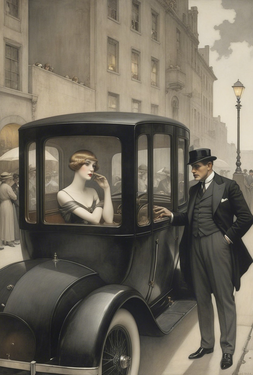 Stylish Couple by Vintage Car in Urban Setting