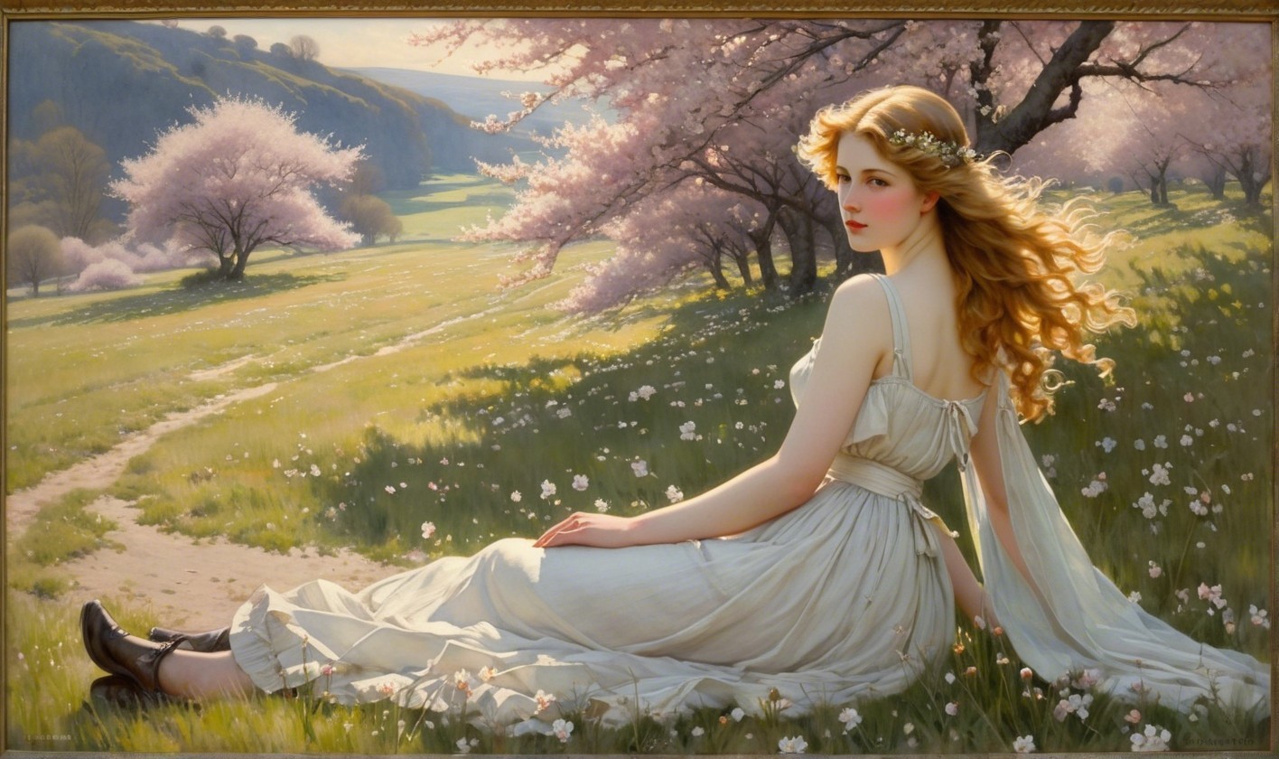 Young Woman with Golden-Red Hair on Grassy Hill