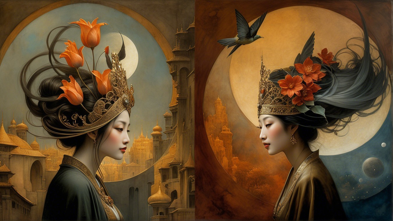 Elegant Women in Traditional Attire with Floral Hairstyles