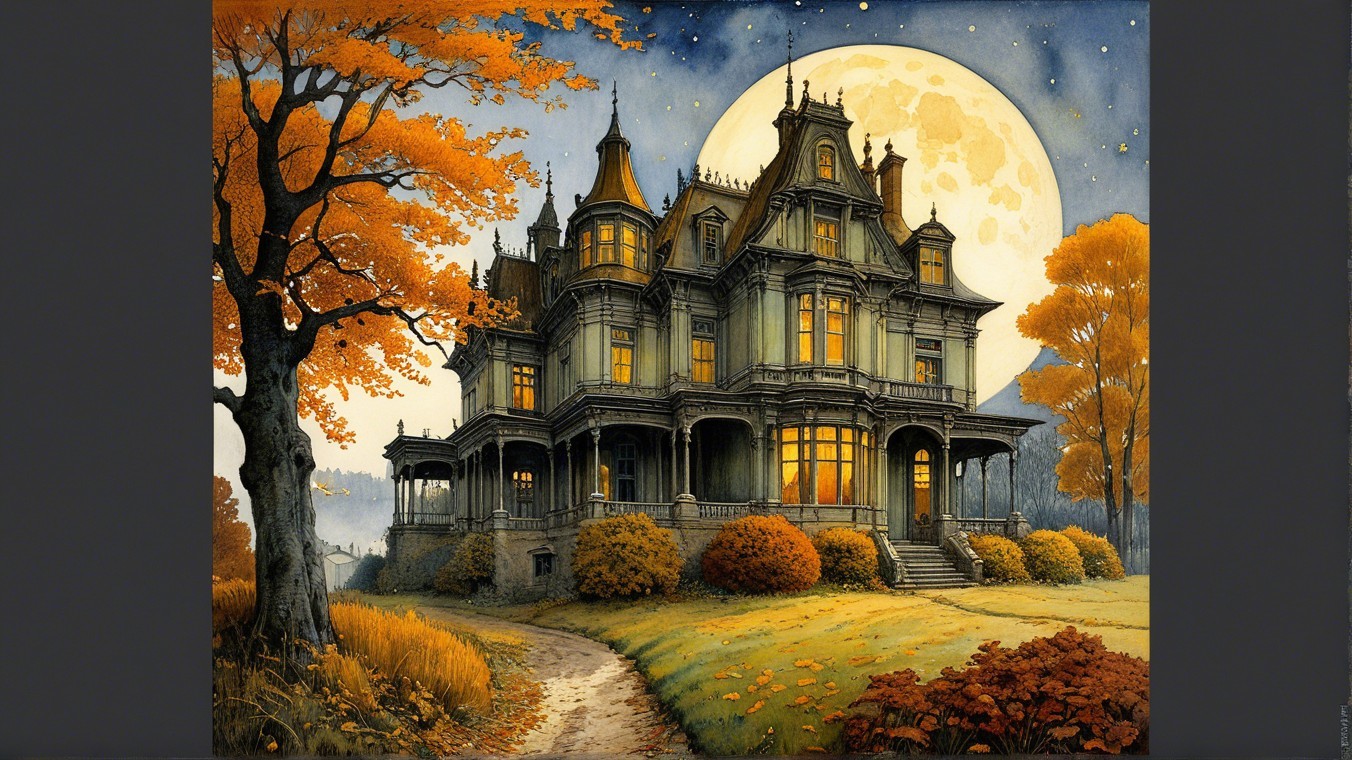 Victorian Mansion Under Full Moon with Autumn Foliage