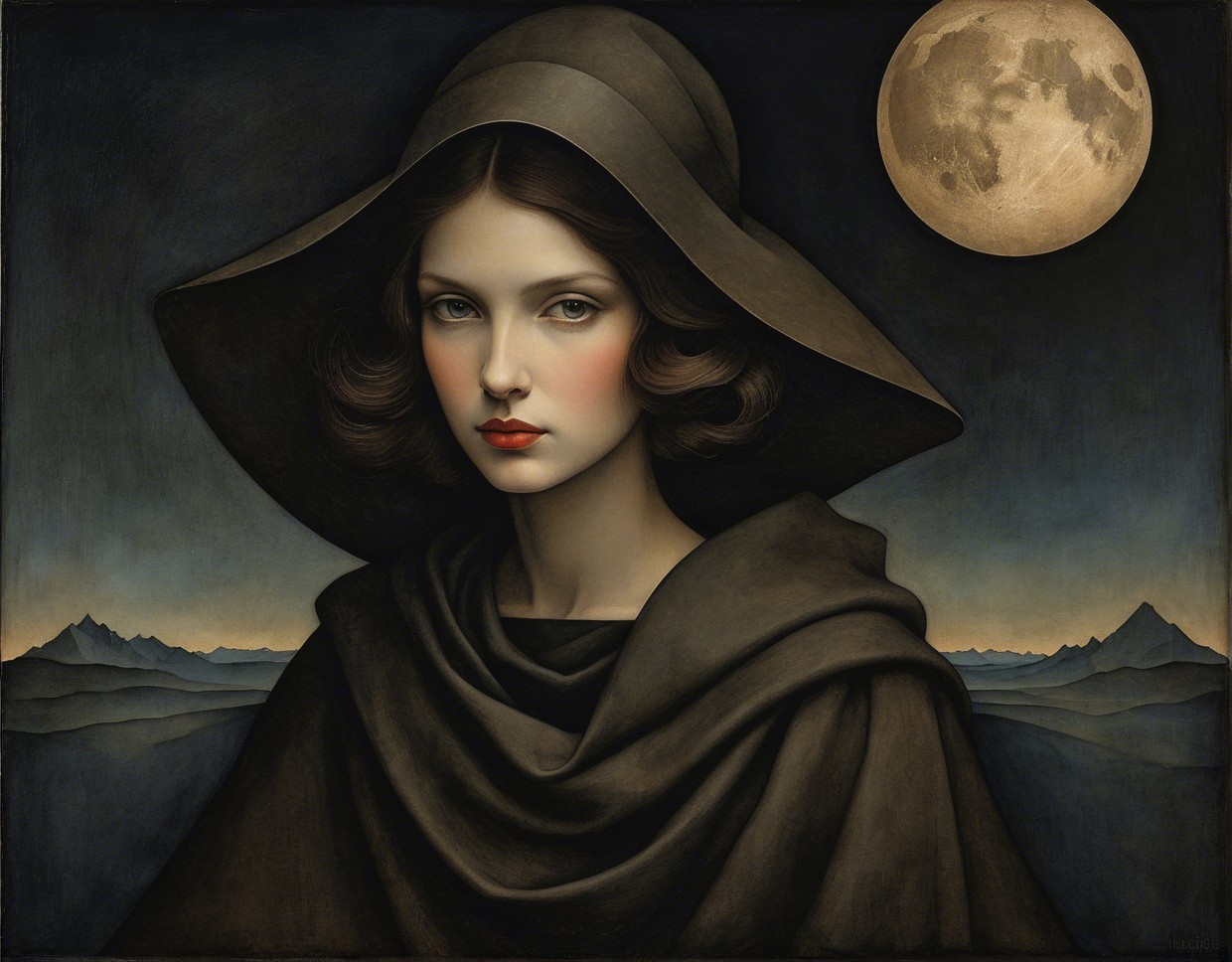 Portrait of a Woman Against a Night Sky and Moon