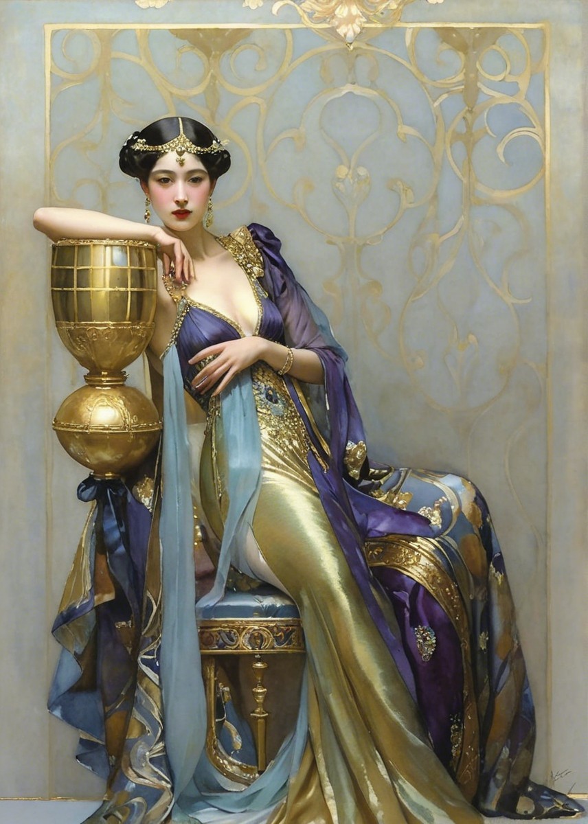 Elegant Woman in Rich Fabrics with Golden Vessel