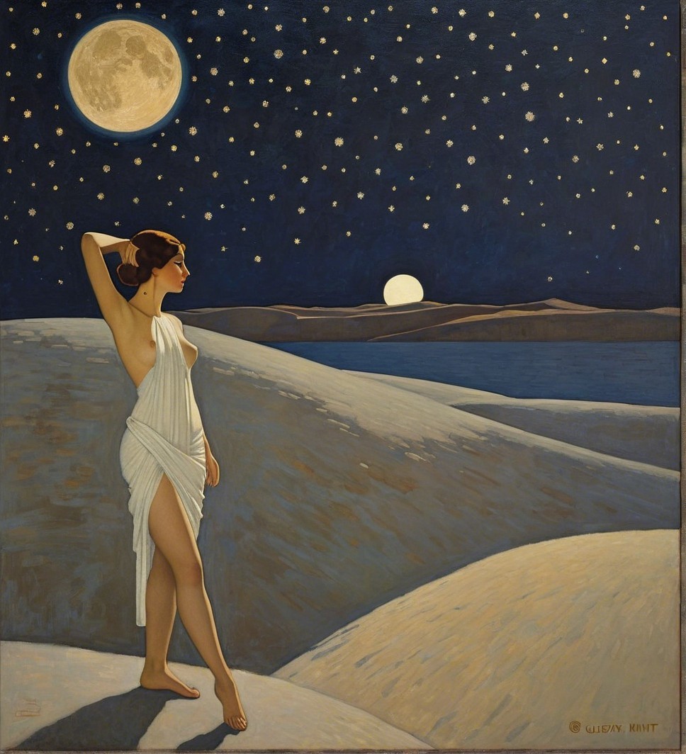 Serene Figure on Dune by Moonlit Sea at Night