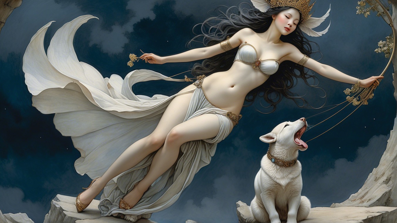 Ethereal Scene of Woman with Dog in Fantasy Setting