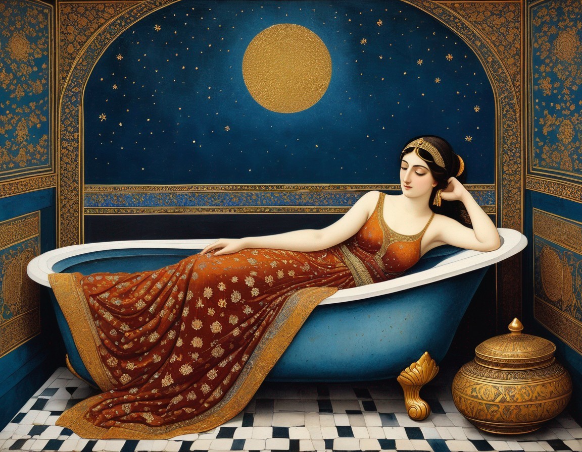 Serene Woman in Ornate Bathtub Under Night Sky