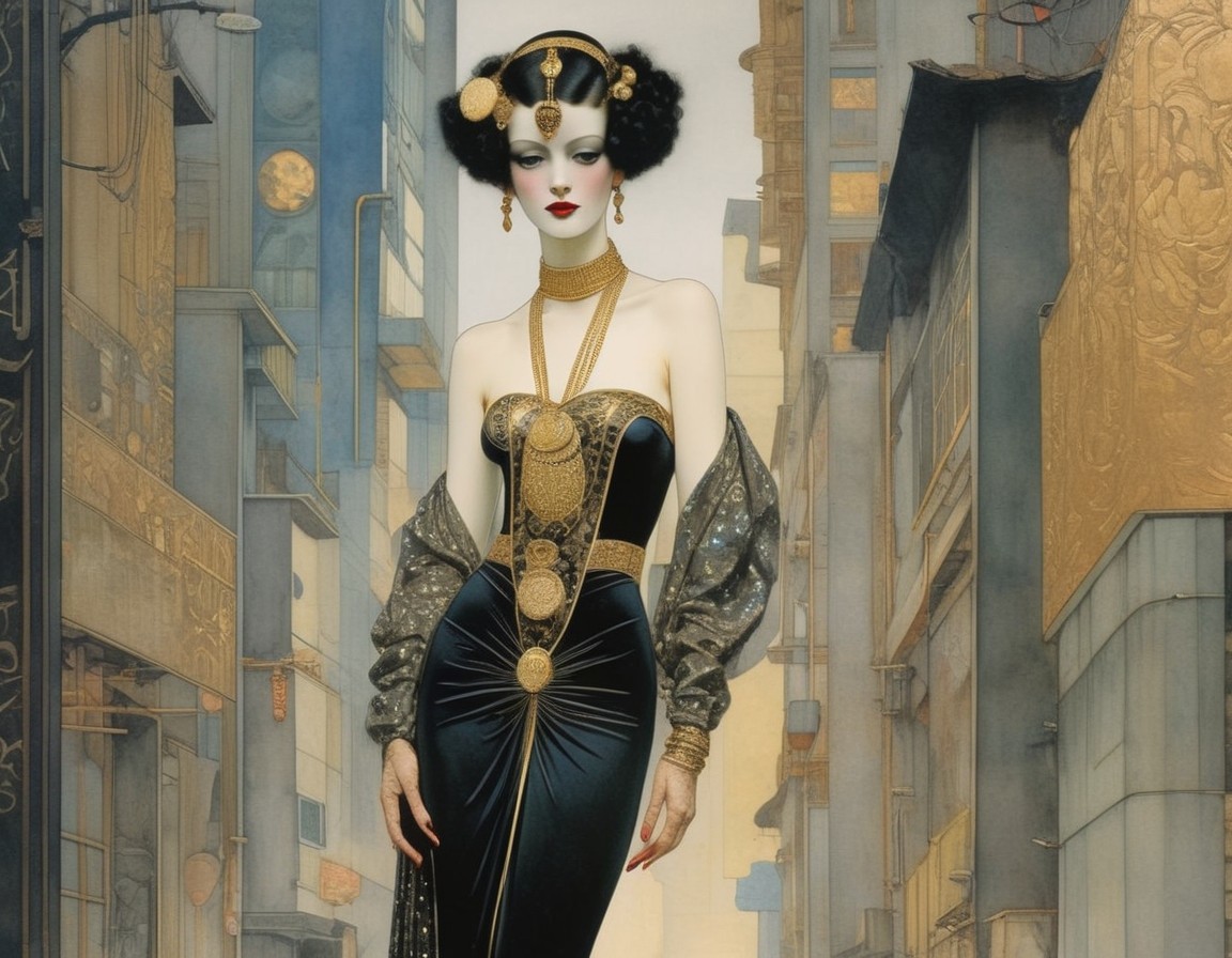 Woman in ornate dress amid futuristic cityscape