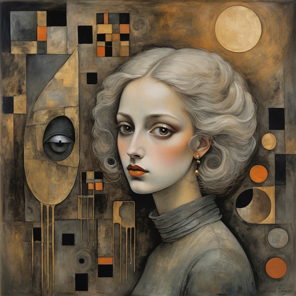 Ethereal Woman with Silver Hair and Abstract Shapes