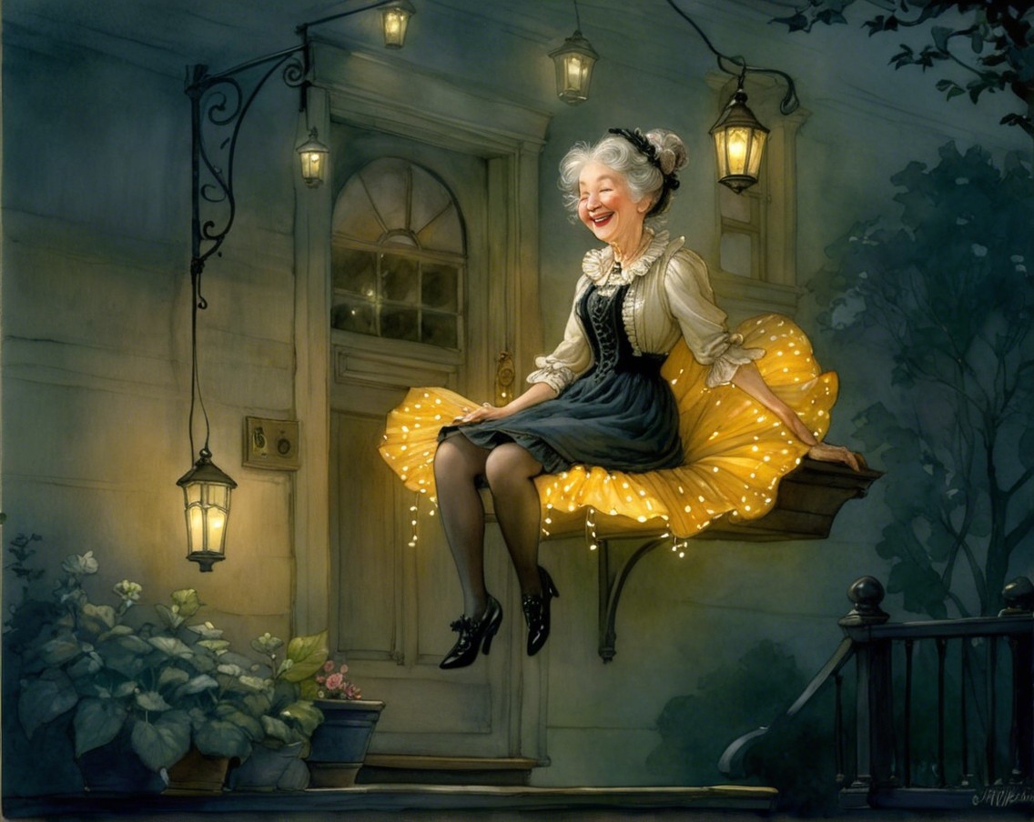 Elderly Woman in Vintage Dress on Ledge with Lanterns