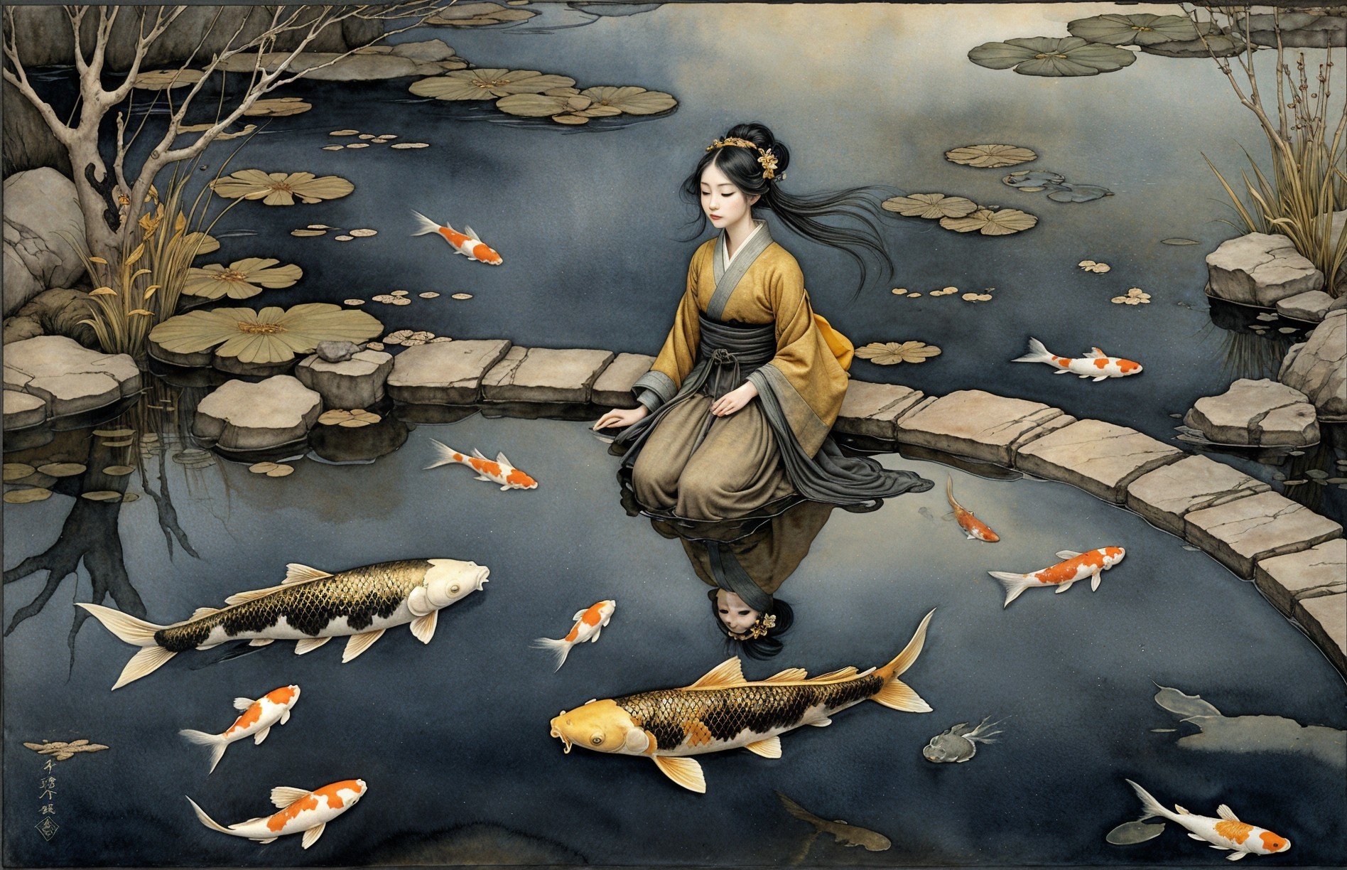 Young Woman in Traditional Attire by Tranquil Pond