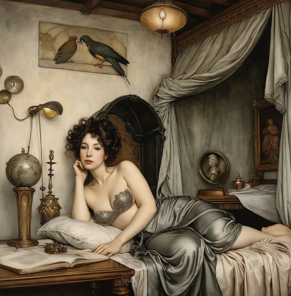 Woman in Silver Gown in Elegantly Decorated Room