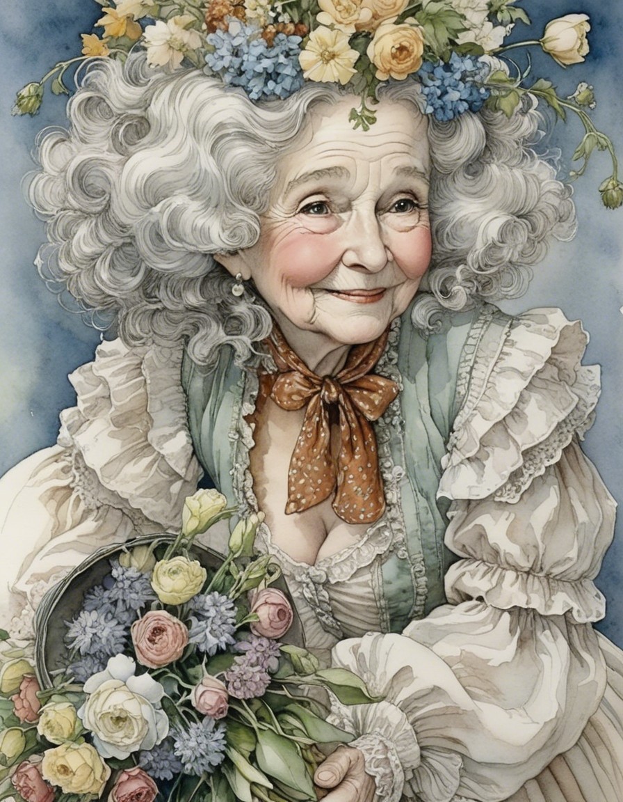 Elderly Woman with Flowers and Pastel Attire