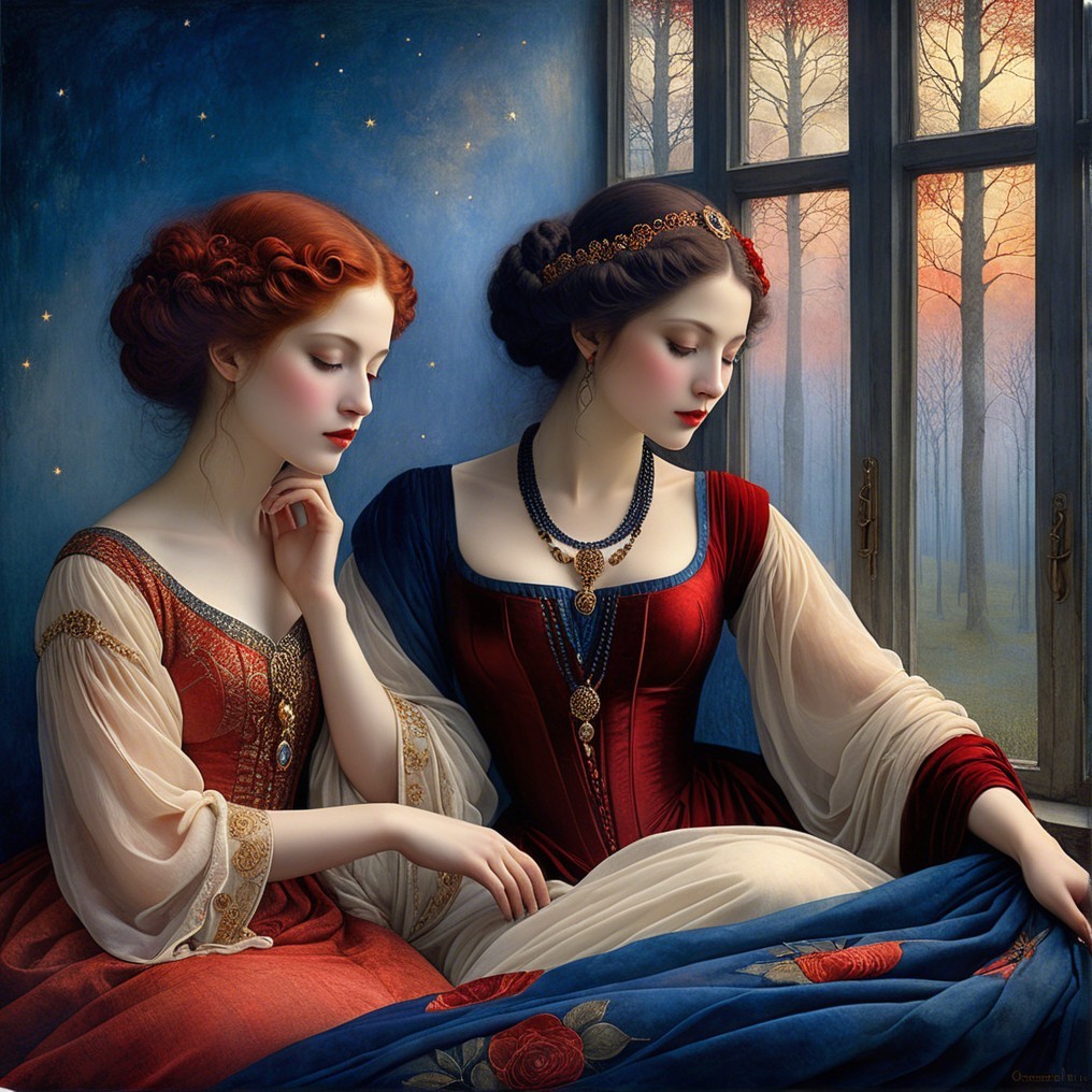 Elegant Women in Rich Gowns by a Window at Dusk