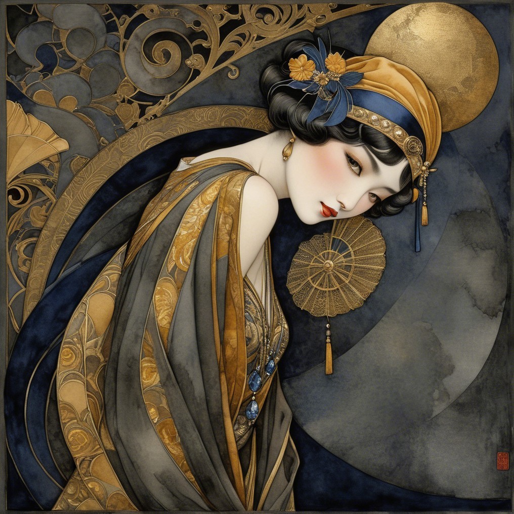 Elegant Woman in Luxurious Garments with Gold Patterns