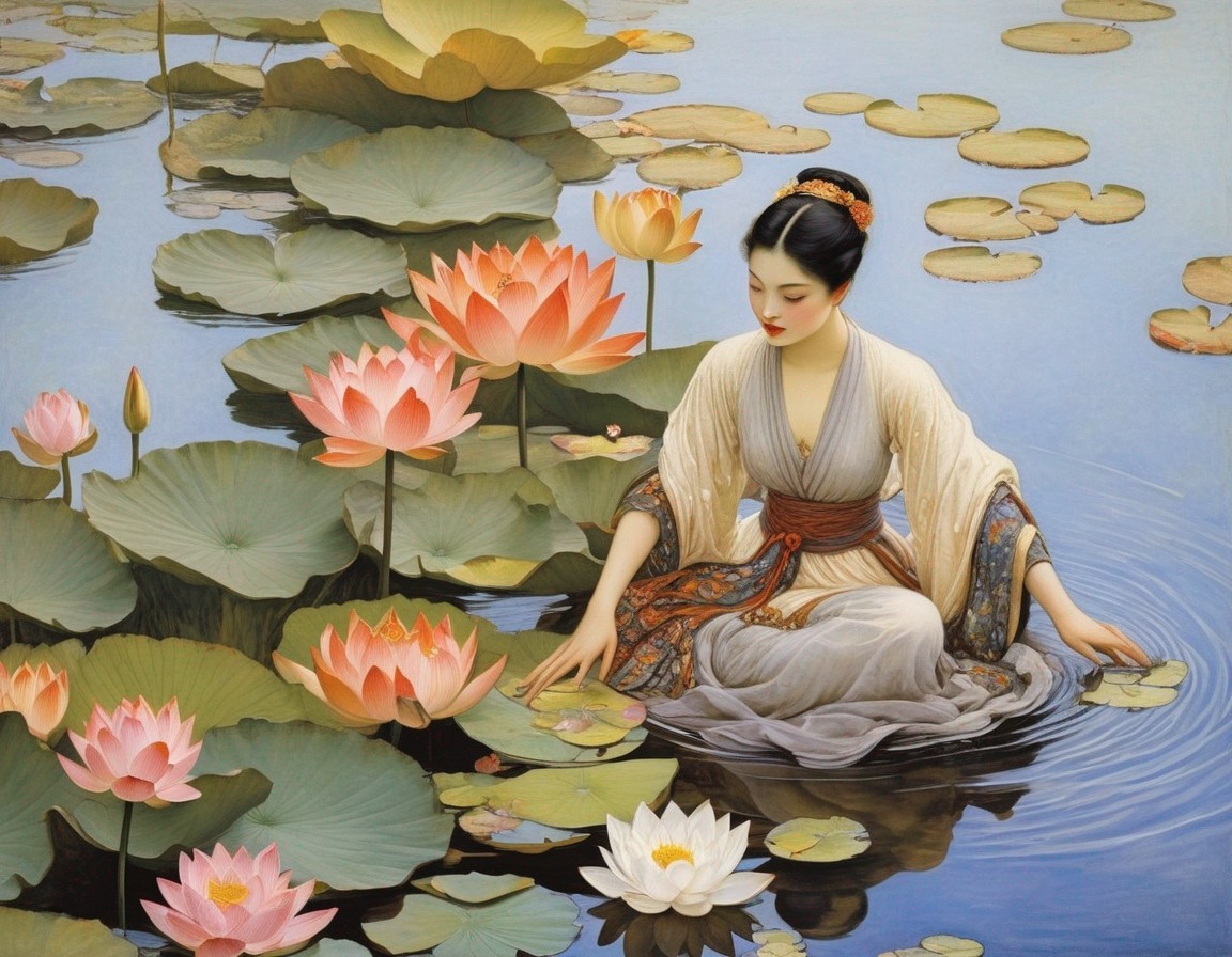 Traditional attire woman touching water in blooming lotuses pond