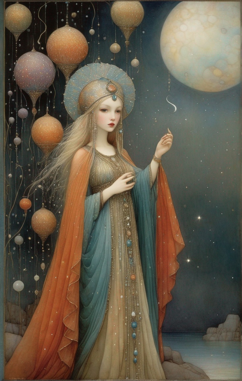 Ethereal woman in medieval attire under starry sky