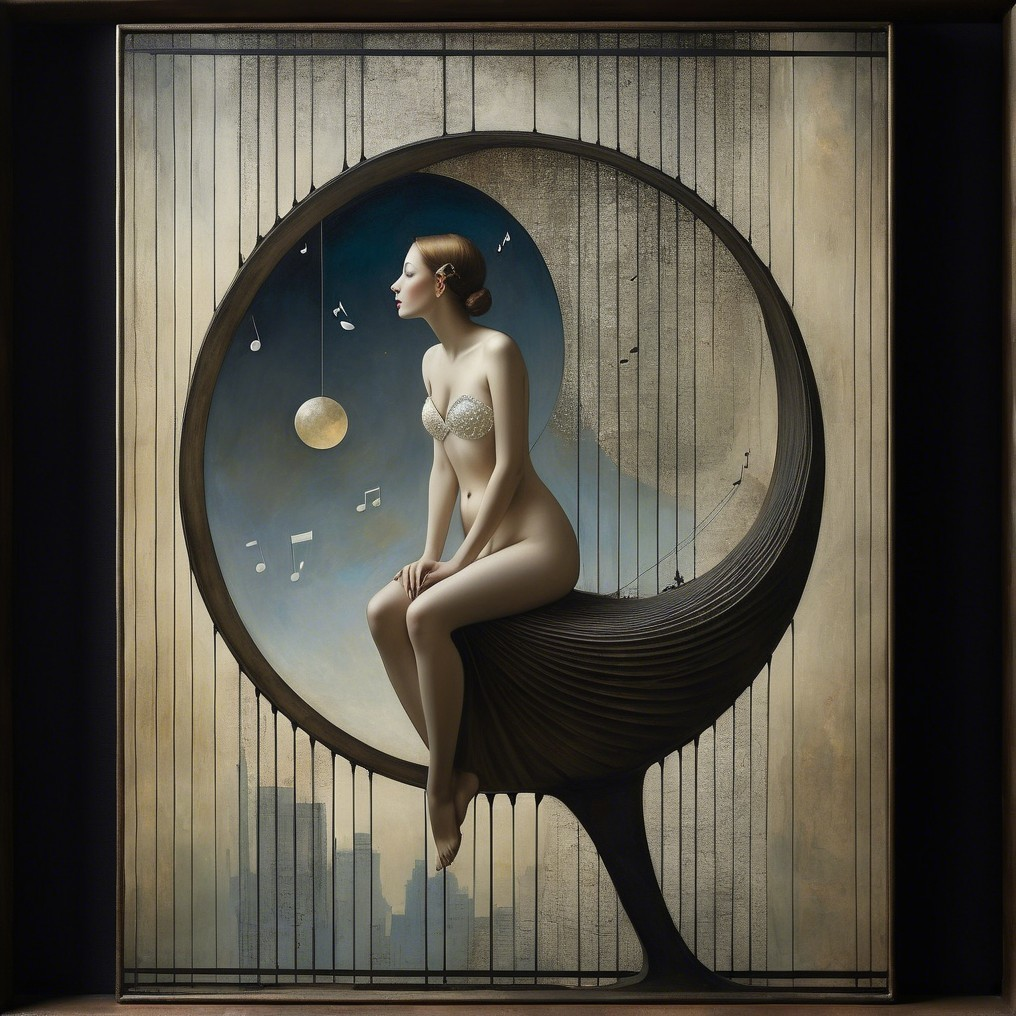 Nude Figure in Circular Design with Musical Elements
