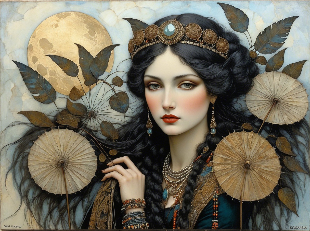 Cinematic Portrait of a Black-Haired Goddess in Gold