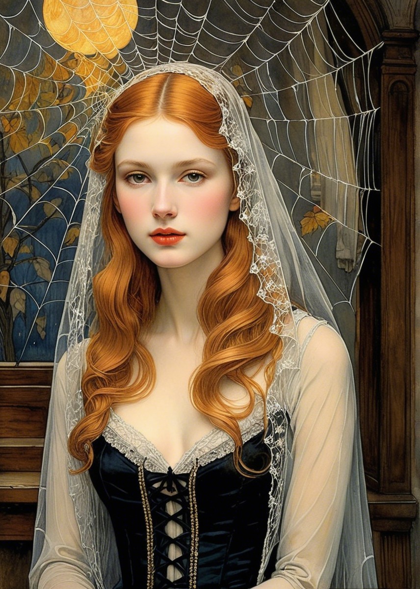 Young woman in lace veil with red hair and dark dress