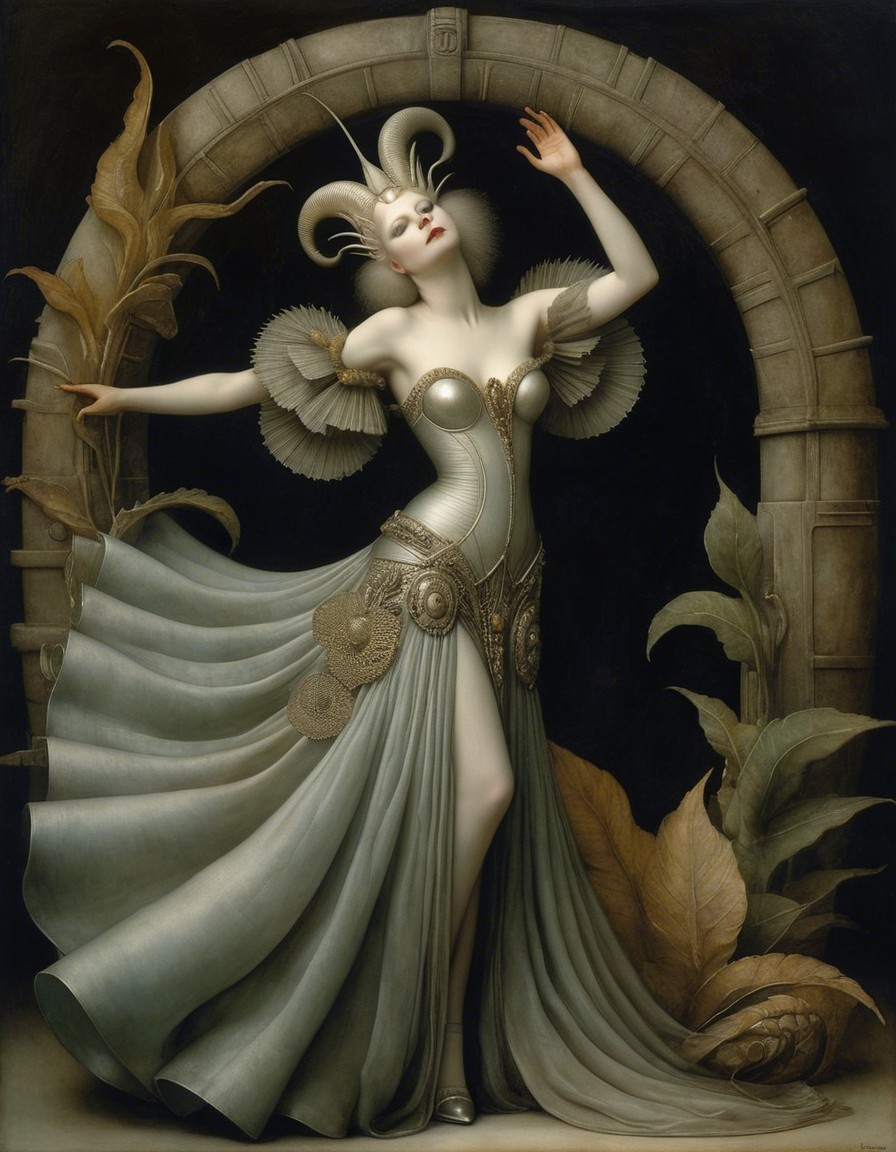 Elegant figure in flowing gown with ornate backdrop