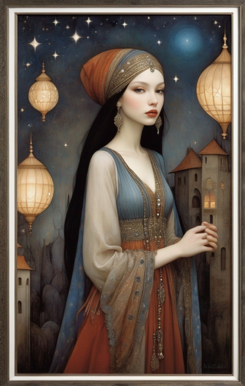 Illustrated portrait of a woman in medieval eastern attire with floating lanterns and stars.
